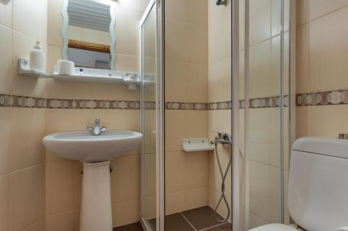 y baño con aseo, lavabo y ducha. en Mavi & Ani Pansiyon, en Antalya