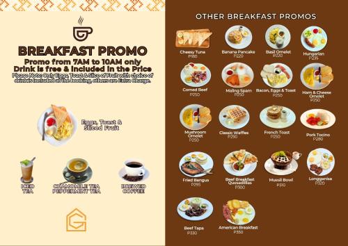 Una página de un menú para el desayuno pongo en Galera Lodge & Cafe, en Puerto Galera