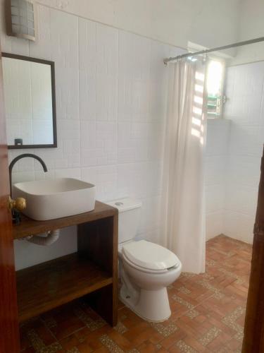 a bathroom with a white toilet and a sink at Casa del Alma in Puerto Escondido