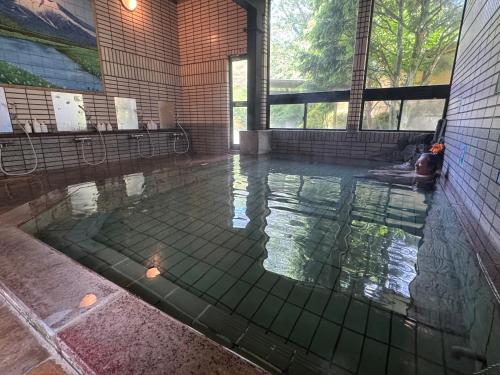 a swimming pool with a dog in the water at Hataya Onsen Sasa no yu in Katashina