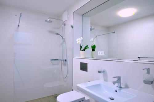 ハイリゲンダムにあるLinden Palais Heiligendamm Apartmentsの白いバスルーム(シャワー、シンク付)