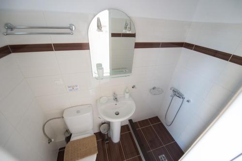 een kleine badkamer met een toilet en een wastafel bij Nikolatos Apartments in Longos