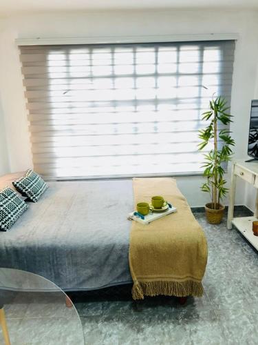 a bedroom with a bed with two cups and a table at Encantador monoambiente con parque in Río Gallegos