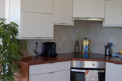 a kitchen with white cabinets and a stove at Moinho do Avô in Torres Vedras