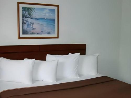 a bed with white pillows and a picture on the wall at Sunstyle Suites in Orlando