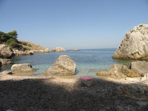 a red frisbee on a rocky beach next to the water at Piccola Baia in Scopello