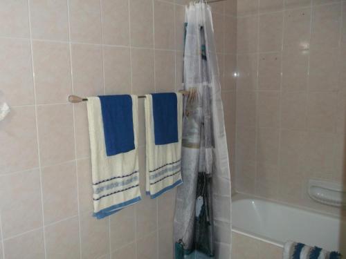 een badkamer met blauwe en witte handdoeken en een douche bij The Paphos Pafia 2 Apartment in Paphos City