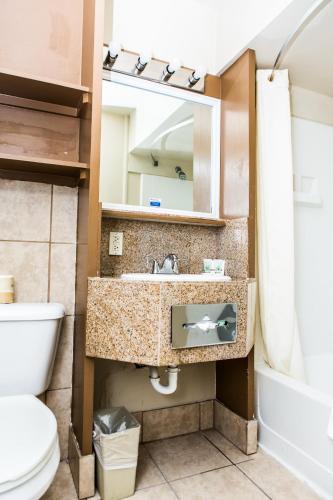 a bathroom with a sink and a toilet at Pelican Inn in Monterey
