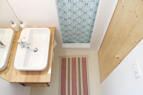 a bathroom with a white sink and a rug at Garden House in Timişoara