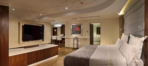 a bedroom with a large bed and a flat screen tv at HS HOTSSON Hotel Silao in Silao