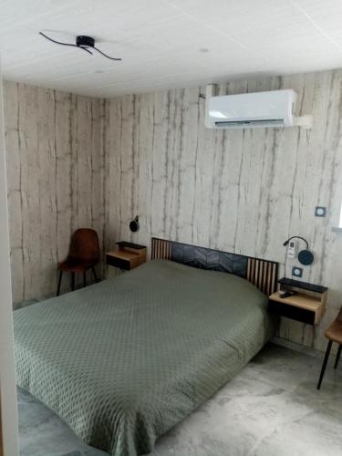 a bedroom with a bed and a ceiling fan at Le doux refuge 67 in Schwabwiller