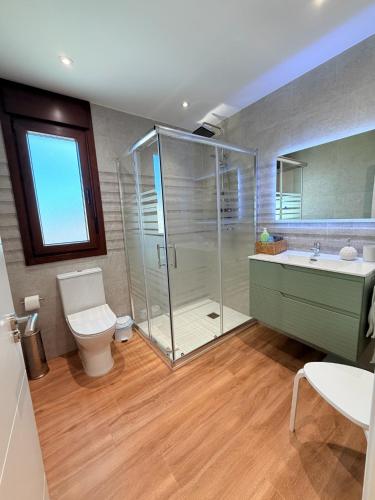 a bathroom with a shower and a toilet and a sink at El Legado de Gredos in Candeleda