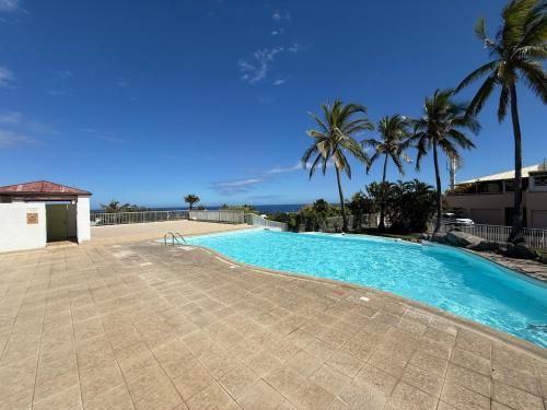 a large swimming pool with palm trees in the background at Studio Piscine à Saint-Gilles prés des plages in L'Ermitage-Les-Bains