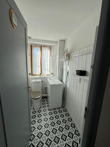 a small bathroom with a toilet and a sink at L'etoile Filante in Formiguères