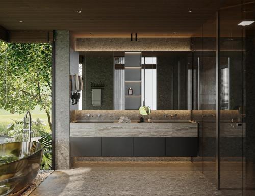 a bathroom with a large mirror and a tub at 3Z Hotel - Zephyr Zen Zone in Hanoi
