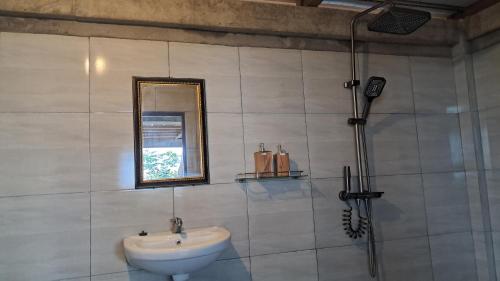 a bathroom with a sink and a mirror and a shower at Eco-tourist Dreamstay Cliff Side Ocean View in Nusa Penida