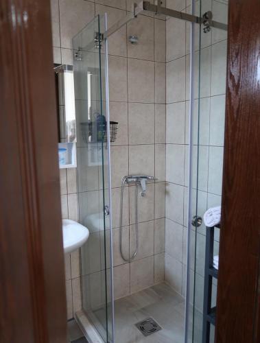a bathroom with a glass shower with a sink at Apartmani Krnić in Tuzi