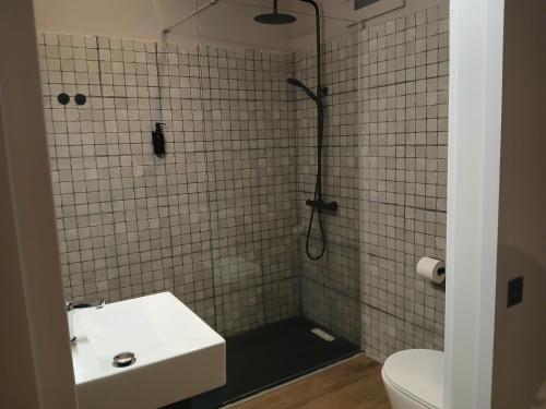 a bathroom with a shower with a sink and a toilet at Apartaments "Casa Melé" 2 in Lleida