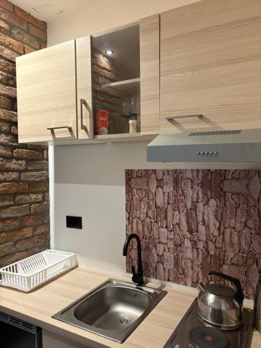 a kitchen with a sink and a brick wall at Banija studio apartments in Karlovac