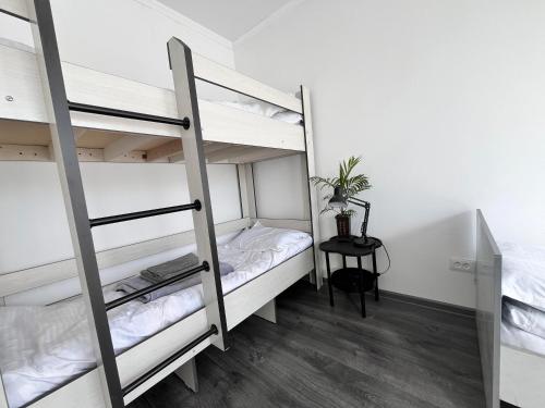 une chambre avec deux lits superposés et une table dans l'établissement Tiny Stay, à Karakol