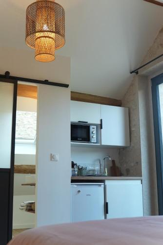 een keuken met witte kastjes en een magnetron bij Studio de charme in Achères-la-Forêt
