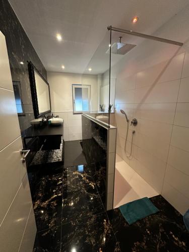a bathroom with a glass shower and a sink at Zimmervermietung Wels 2 in Wels