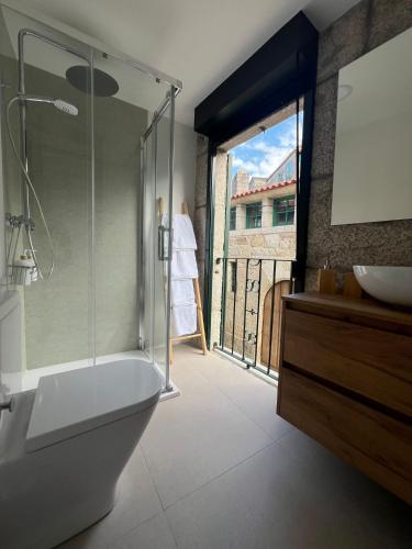 a bathroom with a shower and a toilet and a sink at Apartamentos-loft A Muralla in Tui