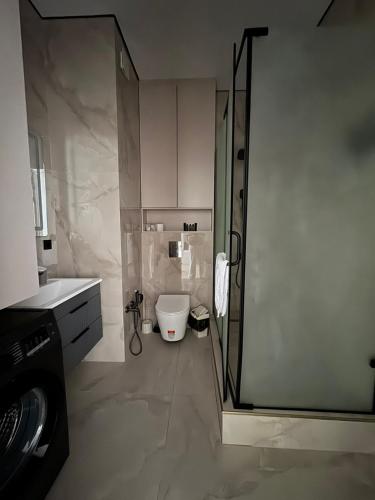 a bathroom with a shower and a toilet at Astana Design Nest in Taldykolʼ
