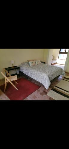 a bedroom with a bed and a table on a rug at Departamento la candelaria in Algarrobo