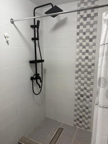 a shower with a shower curtain in a bathroom at ruta de los parques in Chile Chico