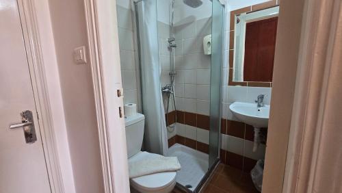 a small bathroom with a toilet and a sink at St Thomas Home's Guesthouse - Jerusalem in Jerusalem