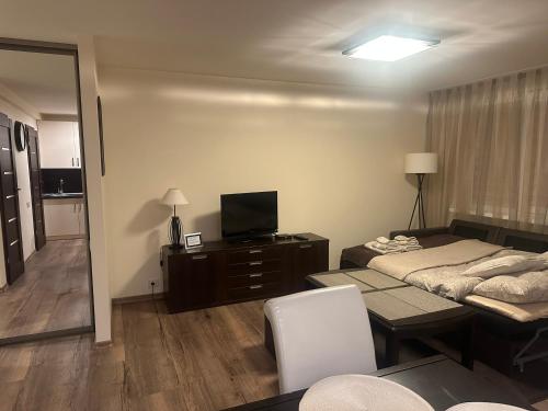 a room with two beds and a television in it at Trumpalaike buto nuoma in Panevėžys
