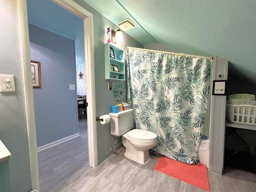 Un baño con inodoro y cortina de ducha. en Bayview #1, en Saint Ignace