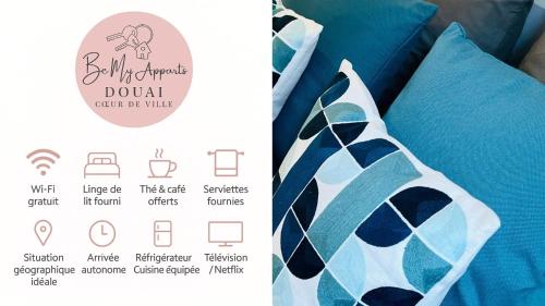 a label for a dozen pillows with a blue and white pattern at BE MY APPARTS, Studio de charme "LE CARILLON", DOUAI, Coeur de ville in Douai