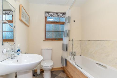 a bathroom with a sink and a toilet and a tub at Maes-Artro-Lodge in Llanbedr