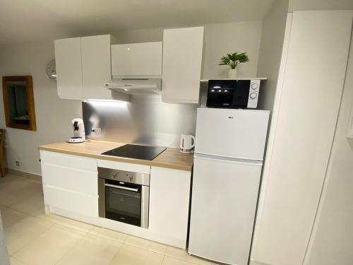 a white kitchen with a refrigerator and a microwave at Sea view Marigot pool studio in Saint Martin
