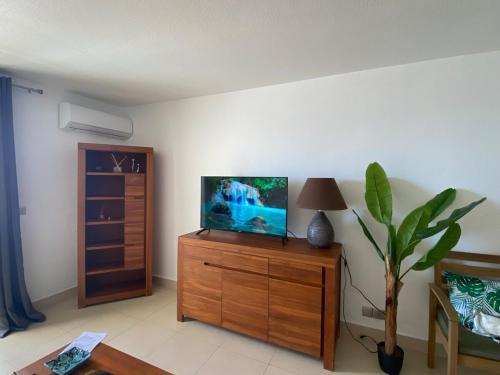 a living room with a television on a wooden dresser at Sea view Marigot pool studio in Saint Martin