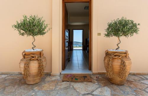 Dos grandes jarrones con árboles en un pasillo. en Villa Magnolia, en Palaia Epidavros