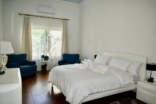 a bedroom with a white bed and a blue chair at Villa Lu Bartolo - Room Lily in Taʼ Lampuka