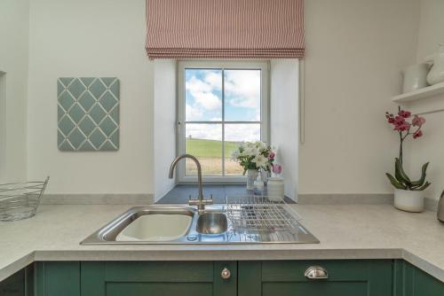 una cocina con fregadero y ventana en Erw-Dinmael, en Cerrig-y-Druidion