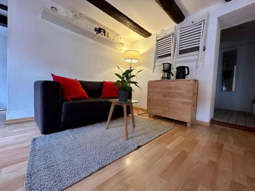 a living room with a black couch and a table at Baumeisterhaus Apartment in Bad Hersfeld
