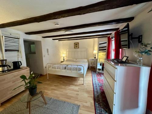 a bedroom with a bed and a dresser in a room at Baumeisterhaus Apartment in Bad Hersfeld