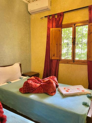 a bedroom with a bed with a green table and a window at Auberge De La Vallée in Imlil