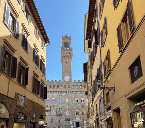 un grand bâtiment avec une tour d'horloge dans une ville dans l'établissement The Signoria - Charming Apartment, à Florence