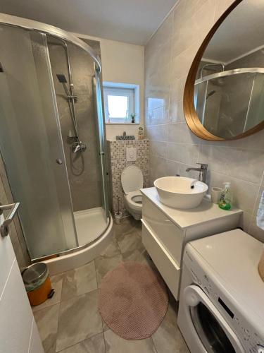 a bathroom with a sink and a shower and a toilet at Apartman Dukić in Okrug Gornji