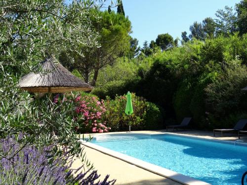 a swimming pool with a umbrella and some flowers at Auberge De Saint-Rémy - Hôtel & Villa - Restaurant Gastronomique 2 Étoiles in Saint-Rémy-de-Provence