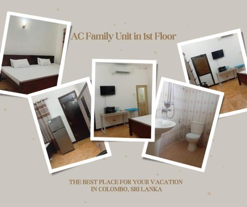 a collage of photos of a room at Pirivena Garden Resort - AC Units, Kitchen, Attached Bath Room, & WiFi in Boralesgamuwa