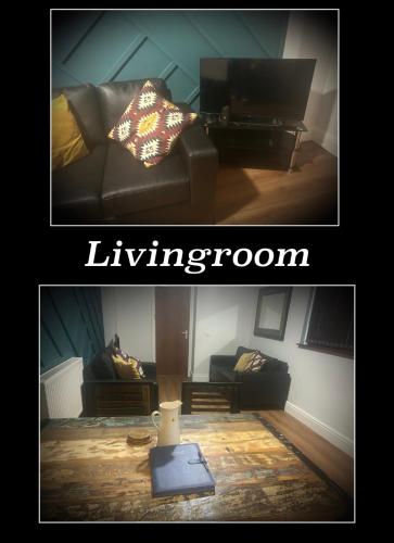a living room with a couch and a room with a living room at The Phoenix in Swansea