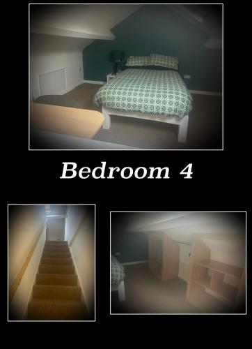 two pictures of a bedroom with a bed and a staircase at The Phoenix in Swansea