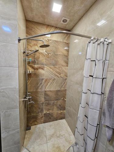 una doccia con porta in vetro in un bagno di Комфортная квартира в Ереване с удобной локацией a Yerevan
